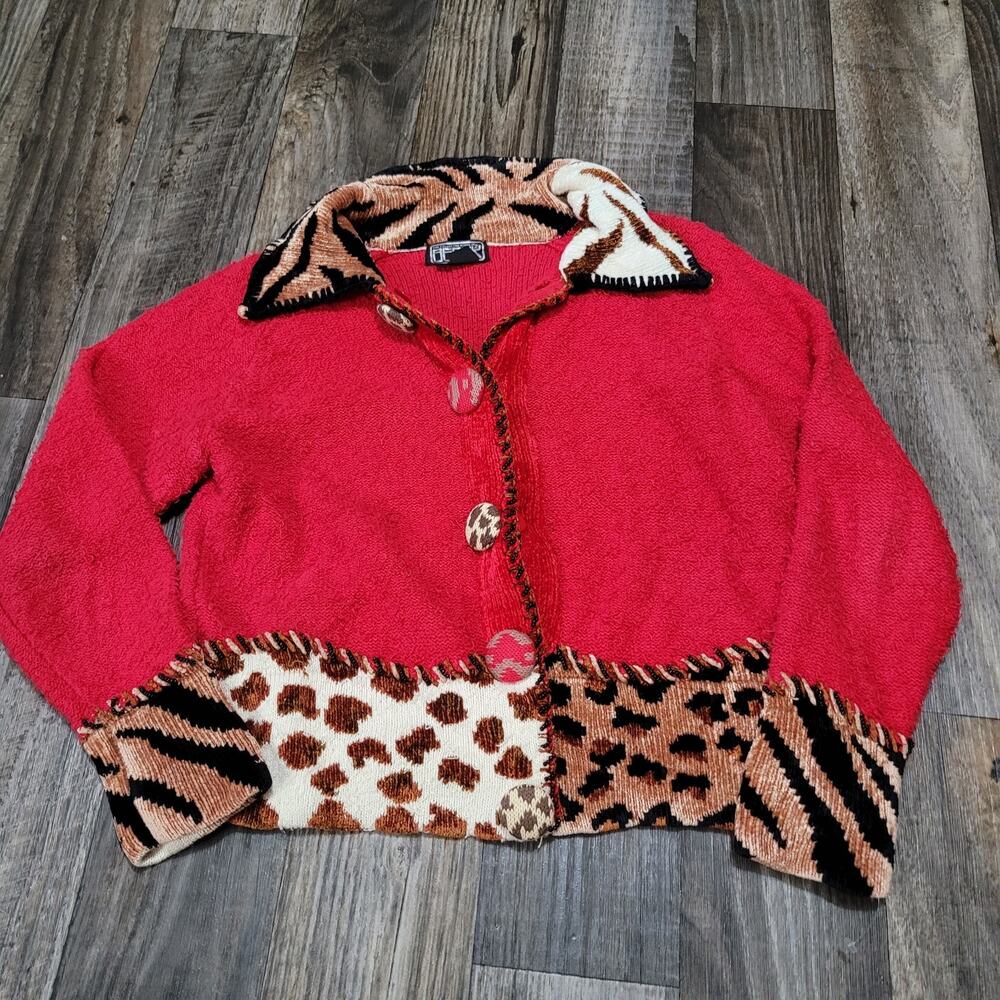 Vintage Berek Collective Size Small Women Red Animal Print Cardigan Sweater